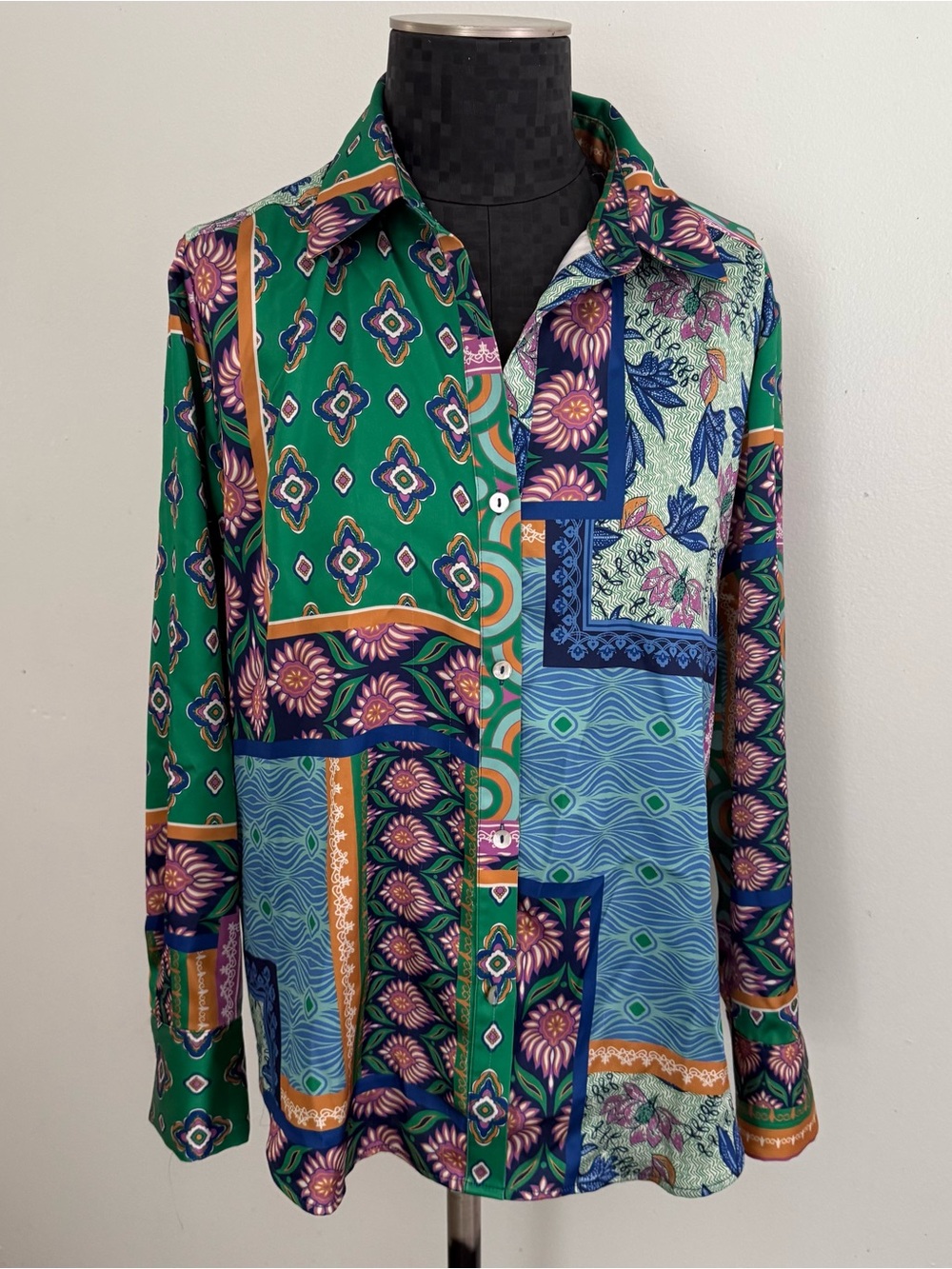 Rachel Zoe green multicolored floral and geometric print silky button-down shirt